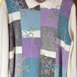 alfred dunner Patchwork Sweater - Cream, Gray, Purple, Blue collar granny warm